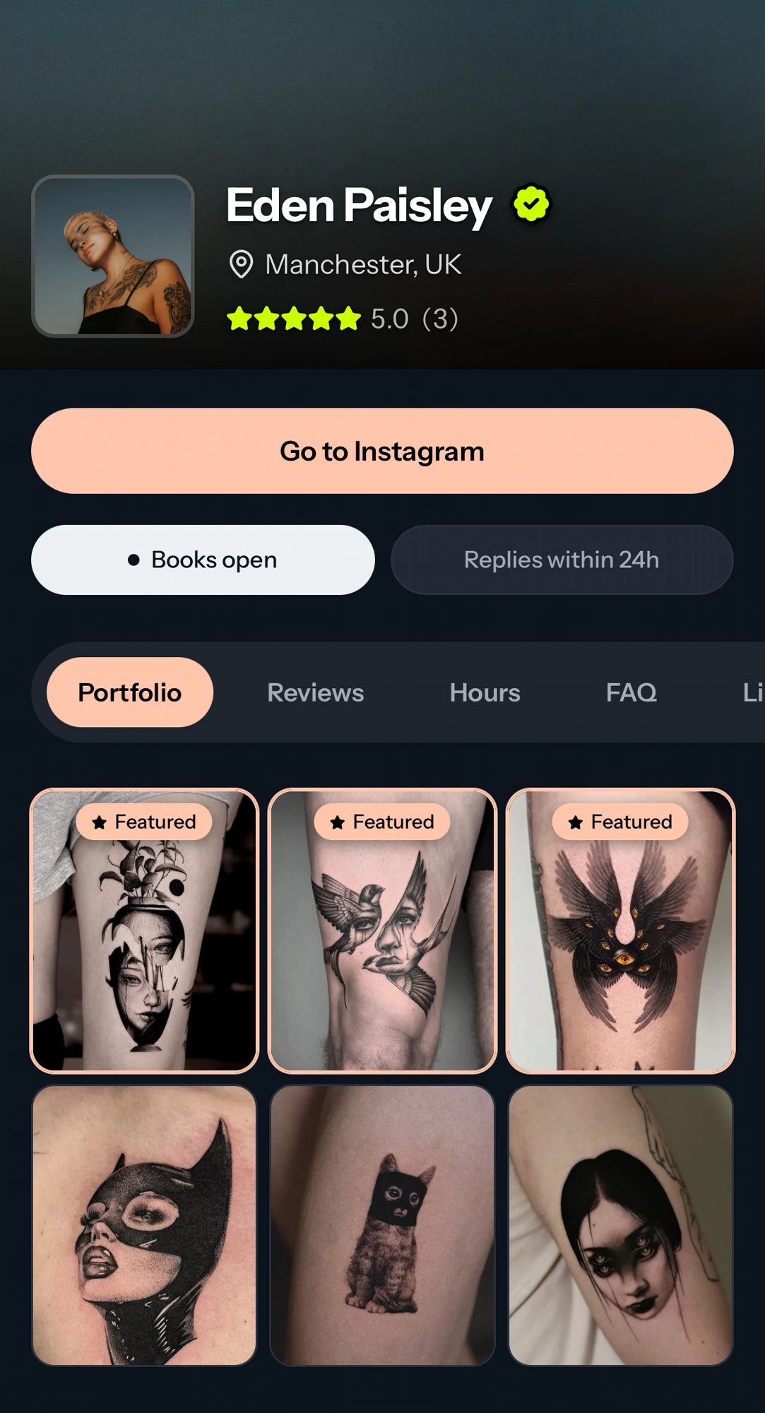 Example Tattou artist profile