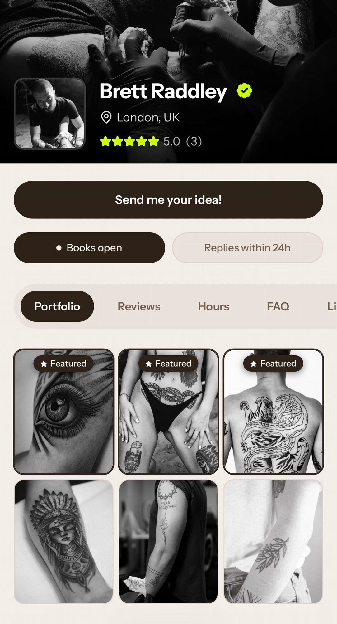 Example Tattou artist profile