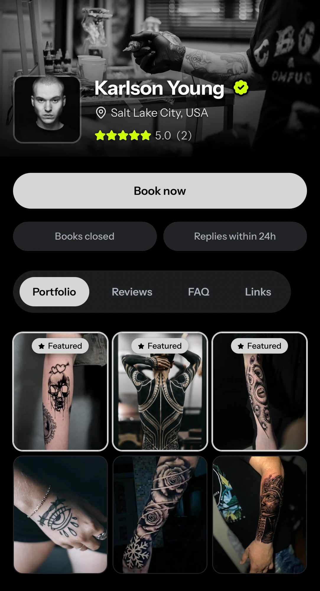 Example Tattou artist profile